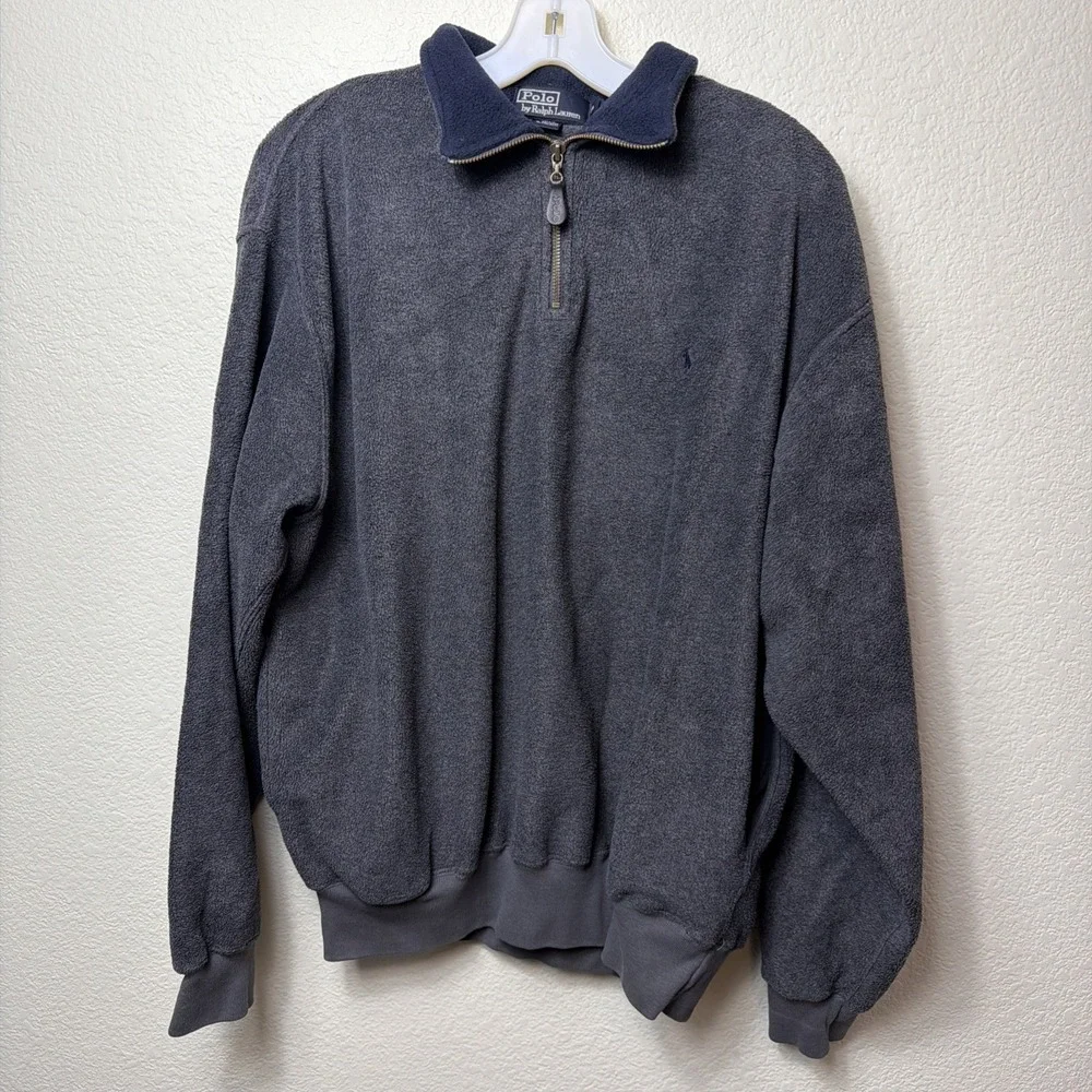 Polo Ralph Lauren Sweatshirt Mens Medium Quarter Zip Mock Neck Sweater Gray Pony